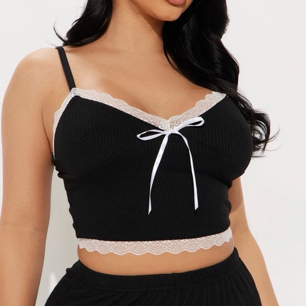 Coquette Corset Black & White Lace Trim Camisole Crop Top With Bow Details L